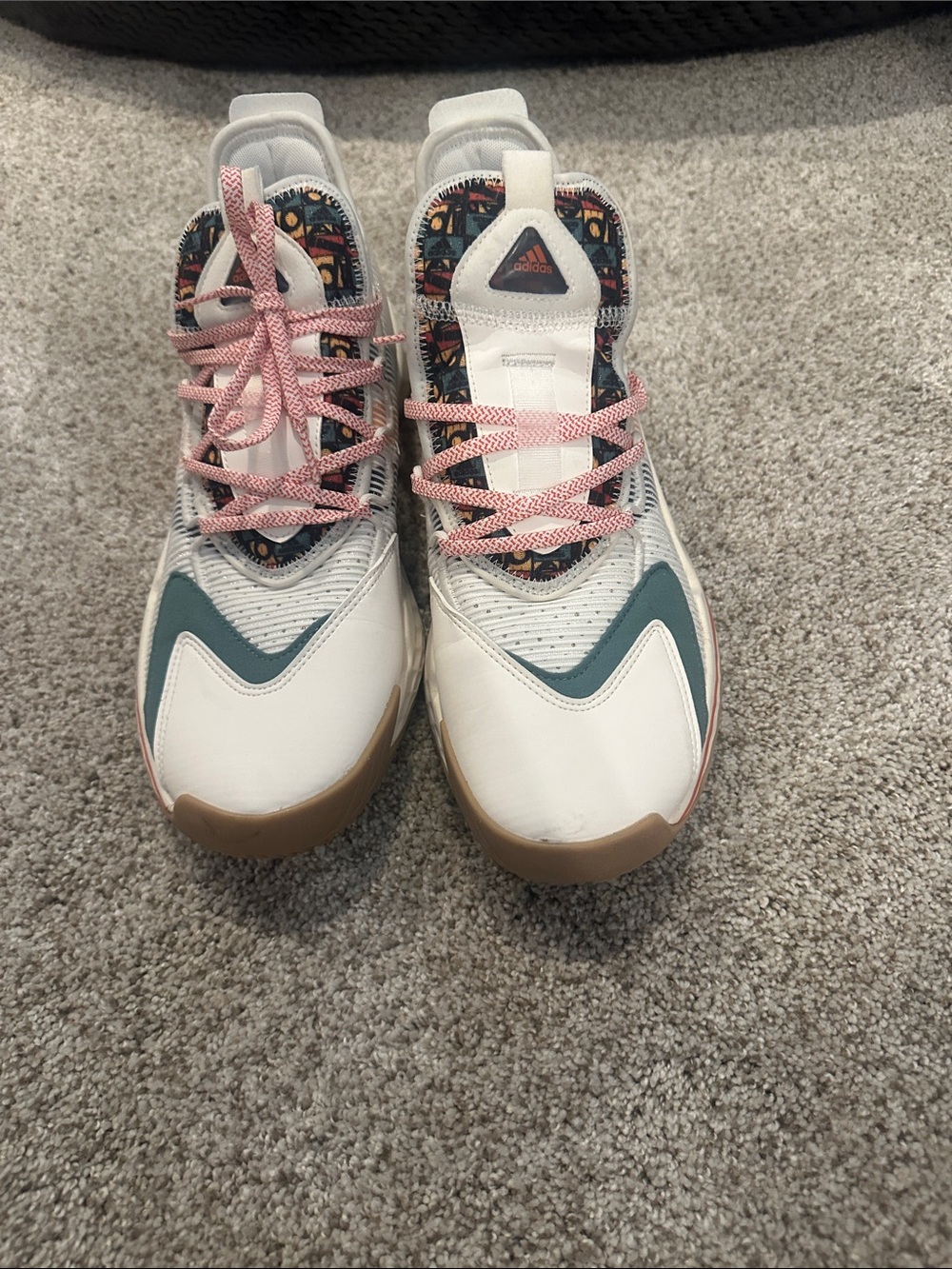 adidas White Sneakers with Teal Overlays and Pink Laces